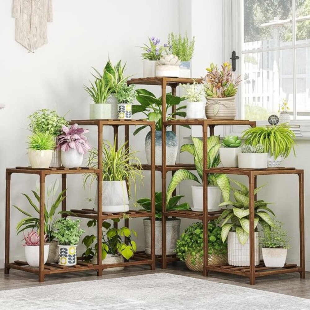New Corner Plant Stand, Tall Wooden Shelf Holds 11 Pots for Home & Garden Decor